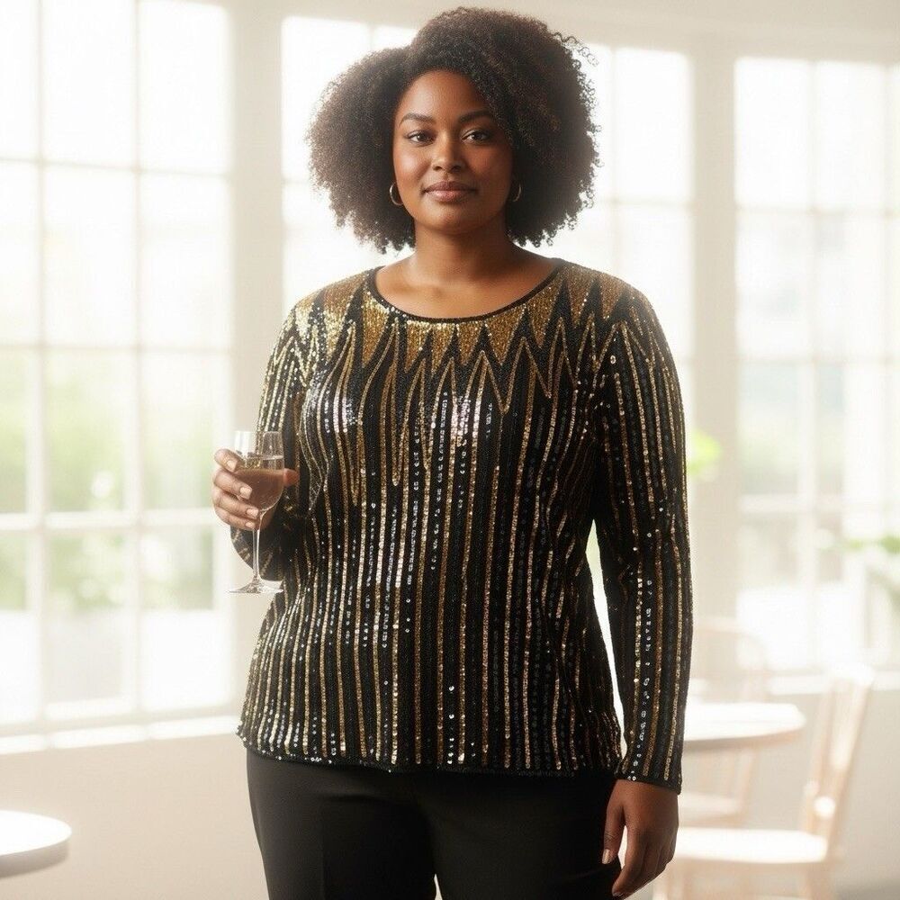 vintage Joseph Le Bon Silk Sequin Top 2X Black Gold heavily embellished Glam